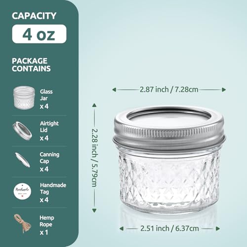 4 Pack 4oz Mason Jars with Airtight Lids | Leakproof Glass Jars