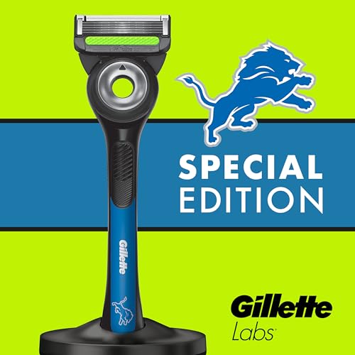 Gillette Labs Special NFL Lions Edition Shaving Razor for Men - 1 Handle, 4 Razor Blade Refills & Magnetic Stand, GilletteLabs with Exfoliating Bar