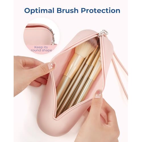 BAGSMART Makeup Brush Holder Bag, Travel Small Makeup Bag for Purse, Make Up Brush Bag Case Cosmetic Bag, Silicone Soft Portable Face Brushes Travel Essentials Organizer Holder, Pink