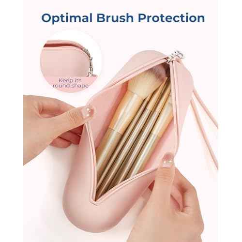 BAGSMART Makeup Brush Holder Bag, Travel Small Makeup Bag for Purse, Make Up Brush Bag Case Cosmetic Bag, Silicone Soft Portable Face Brushes Travel Essentials Organizer Holder, Pink