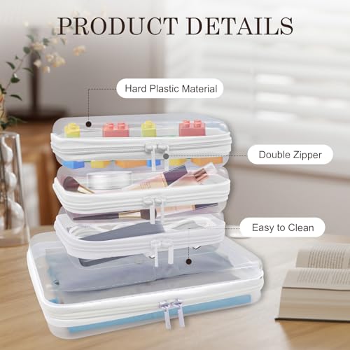 4PCS Clear Hard Zipper Case - Portable Organizer Pouches, Waterproof Plastic Cosmetic Bag,Travel Organizer Box for Cable, Make up Tools and Toiletries£¨White£©