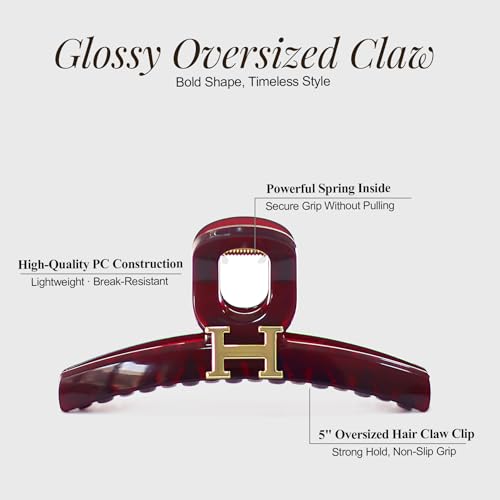 KELMALL Oversized Hair Claw Clip 5 Inch Glossy PC with Metal Accent for Thick & Thin Hair
