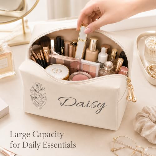 Motifool Personalized Pink Makeup Bag for Women Bridesmaid - Custom Travel Toiletry Pouch with Name & Birth Flower, Style 2