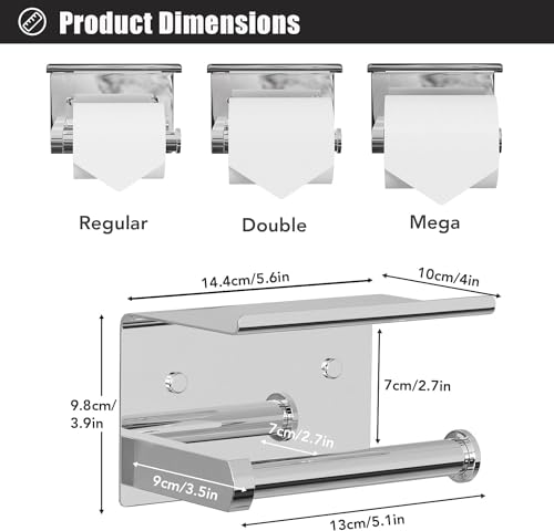 Tindbea Toilet Paper Holder with Phone Shelf, Adhesive or Screw Wall Mount Toilet Tissue Roll Holder, Rustproof & Multifunctional Stainless Steel Bathroom Storage Dispenser (Polished Chrome)