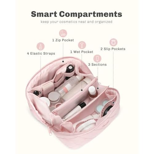 Hynes Eagle Travel Makeup Bag for Women Puffy Cosmetic Organizer Pouch Open Flat Toiletry Bag for Toiletries, Brushes Pink