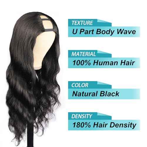 EMOL U Part Human Hair Wig Body Wave 14 Inches Upart Wig for Black Women Short Wavy Brazilian Remy Human Hair Glueless Wigs Natural Black Breathable No Sew In Beginner Friendly