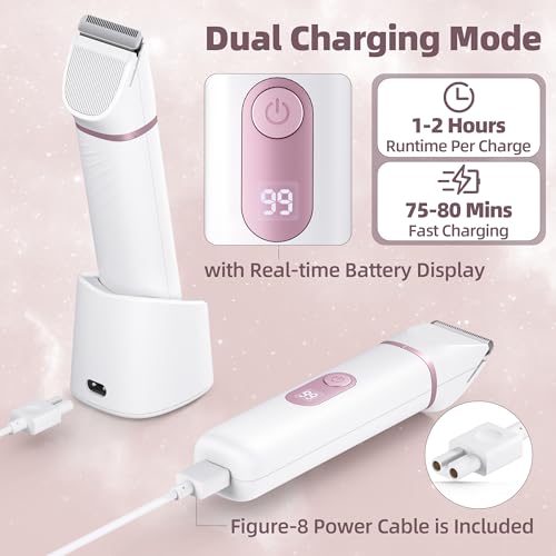 5-in-1 Bikini Trimmer for Women: IPX7 Waterproof Electric Razor Shaver for Silk Skin, Easy Cleaning, 5 Head, Rechargeable Body Hair Removal, LED Display, Ceramic Blade, Gifts for Her