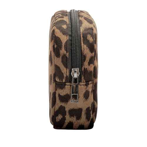 Fabric Leopard Print Makeup Bag Travel Cosmetic Case Soft Toiletry Bag with Zipper, Portable Make Up Organizer Traveling Compact Car Bag for Essentials (Brown)