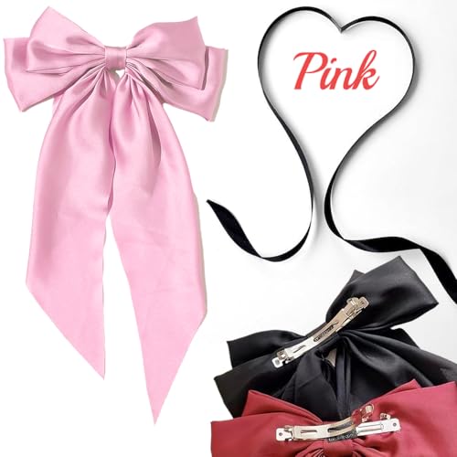 Large Bow Hair Clips with Bowknot Tassels: 3 Pcs Hair Barrettes for Women and Girls (Black, Pink, Beige)