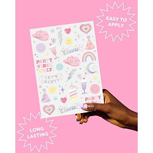 xo, Fetti Pastel Rainbow Temporary Tattoos - 50 Iridescent Foil Styles | Preppy Birthday Party Supplies, Smiley Party Favors, Party Vibes Only