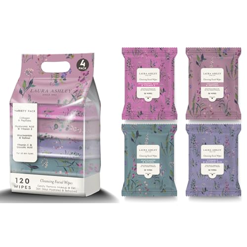 Laura Ashley 4 Pack Face Wipes for Women - Cleansing Makeup Remover Wipes with Vitamin C, Retinol, Hyaluronic Acid - 120 Pcs