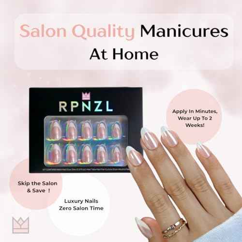 Press On Nails - Paris | French Tip, UV Finish Almond Nails, Reusable | 16 Sizes - 32 Nails in Kit with Glue (French Toast)