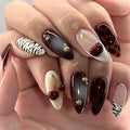 Stbisen 3D Cherry Noir Medium Almond Fake Nails with Tortoise Shell & Gold Accents, Smoky Jelly Gradient, 24PCS, Variation: 3D-65-Cherry Noir