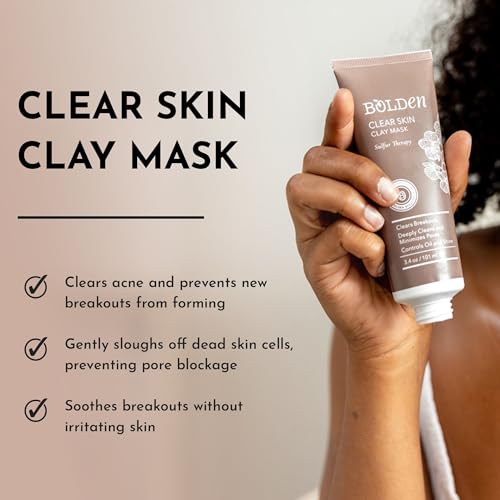 BOLDEN Clear Skin Clay Mask | Made with Sulfur for Deep Pore Cleansing & Preventing Breakouts | Pore Minimizer and Oil Reducer for Sensitive Skin | 3.5 fl oz