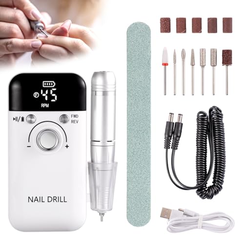 Electric Nail Drill Professional 45000 RPM, White Rechargeable Nail Drill File Machine for Acrylic Gel Nails Polishing Removing, Cordless Efile, Portable Electric Nail File for Manicure Salon Home