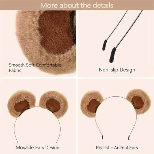 SIOTMERA Bear Ears Headband Brown, Cute Care Movable Hairband Adult with Toddler Animals Costume, Soft Makeup Head Wear for Washing Face Women