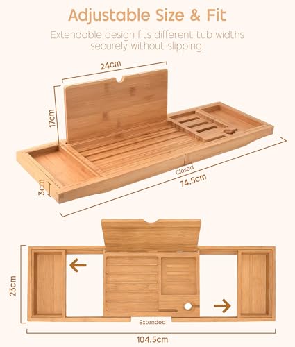 Expandable Bamboo Bathtub Tray Caddy with Wine Glass Holder
