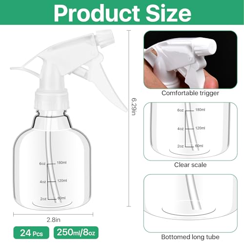 24 Pcs Empty Plastic Mini Spray Bottles 8oz, Adjustable Nozzle, Refillable for Hair, Plant, Kitchen, Bath, White