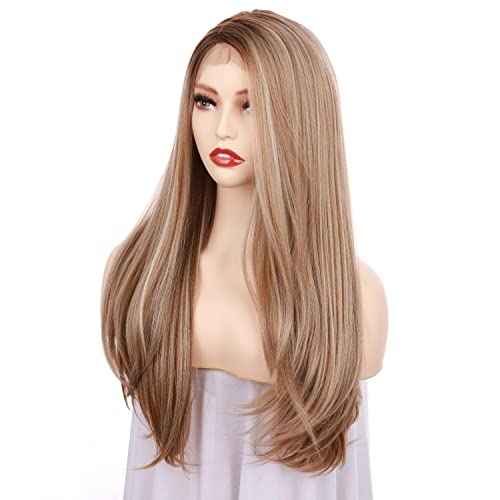 Onedor 24 Inch Fiber Straight Lace Front Wig - Glueless Side Part Dark Root Wigs for Women (Dark Natural Blonde Blended & Pale Golden Blonde with Dark Roots-OT8/386/624)