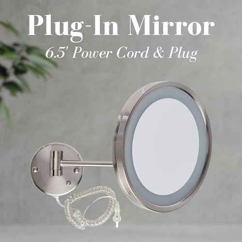 JERDON Lighted Wall-Mounted Makeup Mirror - Magnifying Mirror with LED Lights - 5X - Nickel Finish - Model HL1016NL