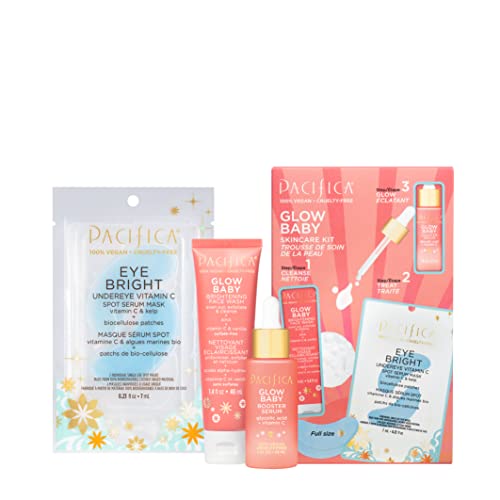 Pacifica Beauty | Glow Baby Vitamin C Trial + Value Kit | 3-Piece Skin Care Gift Set | Travel Friendly | Brightening Face Serum, Face Wash/Cleanser, Under Eye Patches | Glycolic Acid, AHA | Vegan