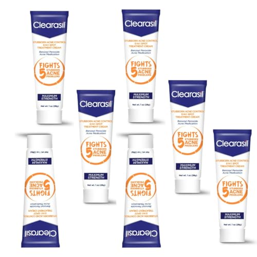 Clearasil Stubborn Acne Control 5in1 Spot Treatment Cream, Maximum Strength, Benzoyl Peroxide Acne Medication, Fights Blocked Pores, Pimple Size, Excess Oil, Acne Marks & Blackheads, 1 oz (Pack of 7)