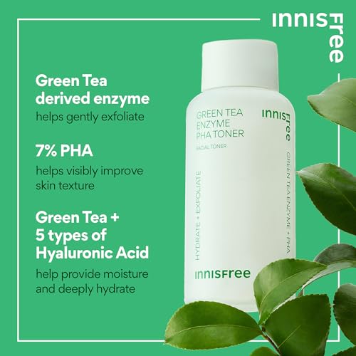 innisfree Green Tea Enzyme PHA Toner with Hyaluronic Acid and Green Tea, Hydrating Korean Toner for Glowing Skin