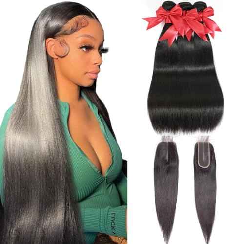2x6 HD Lace Closure with Bundles Human Hair 16 18 20+14 Inch 12A Brazilian Straight Human Hair Bundles with 2x6 Closure 100% Unprocessed Virgin Weave Hair Extensions