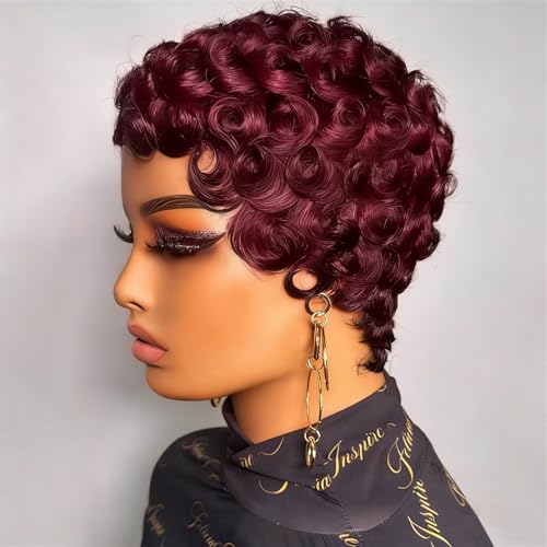 FREEKWEEN Short Pixie Cut Wig 99J Burgundy Human Hair with Bangs for Black Women