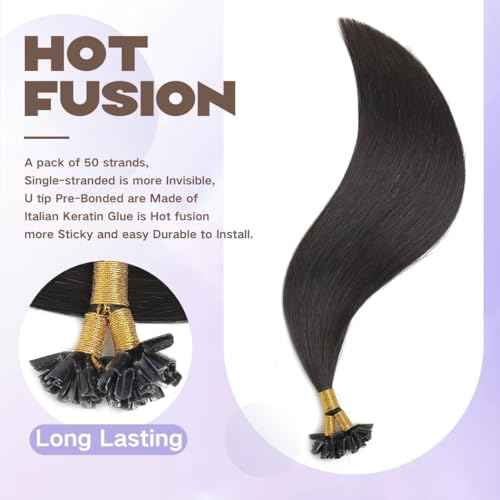 Sindra U Tip Hair Extensions 18 Inch Natural Black 50g Keratin Human Hair 50 Strands Hot Fusion Pre Bonded Extensions Utip#1B-18inch)