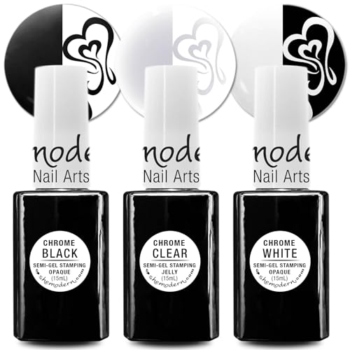 SheModern CHROME BLACK + CLEAR + WHITE Stamping Polishes (Set of 3) LED/UV Cure Semi-Gel Collection For Nail Art Design with Option for Creative Dry Coloring with Chrome Pigment Powder