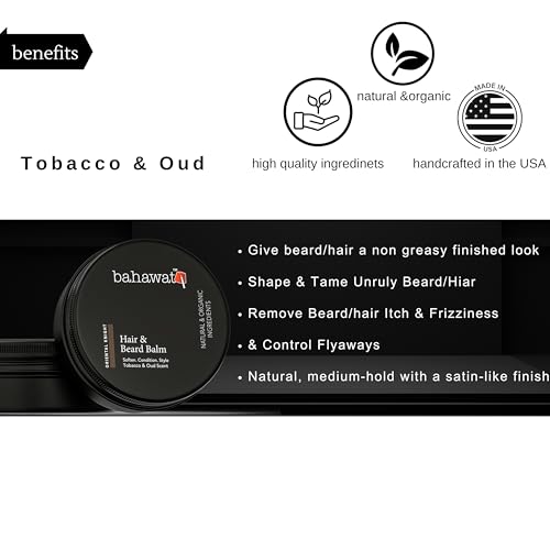 BAHAWAT Beard Balm Tobacco Oud - Styles, Strengthens & Softens Beards - Natural Beard Conditioner- ZERO GRIT Balm - reduces beard itch, 2 ounce
