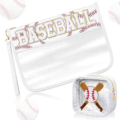 Hillban 2 Pcs Baseball Snack Bags Team Gifts Makeup Cosmetic Bag Clear Chenille Letter Zipper Pouch Toiletry Purse Baseball Accessories Stuff Sport Portable Travel Storage Case for Mom Women Girl