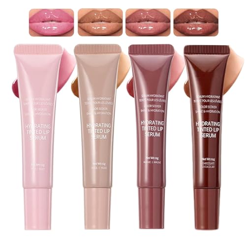 4Pcs Tinted Lip Serum Gloss Set,Jelly Hydrating Shine Pink Nude Red Glossy Lip Balm,Long-lasting Nourishing Vegan Lip Plumper Gloss for Instant Moisture Liquid Lipstick for Women