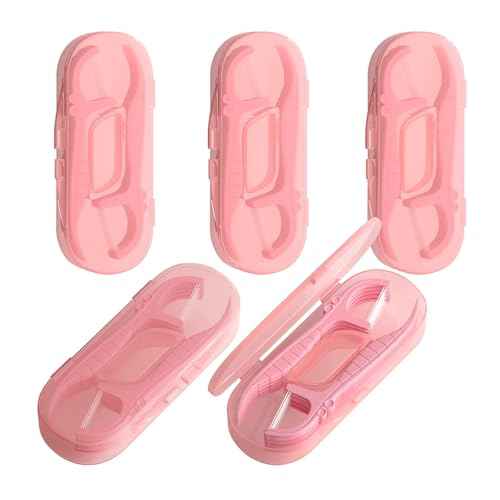 Holy Rose Pink Dental Floss Picks with Micro Travel Case - 5-Box Pack (10 Double String Flossers Each) - Easy Teeth Clean for Adults, Perfect for Home and On-The-Go Flossing
