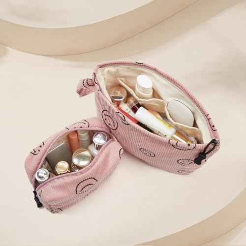 Makeup bag set small Cosmetic bag for women purse Corduroy Organizer with interior Pockets,cute Pencil zipper Pouch travel Toiletry Bag with handle(Smile face Pink)