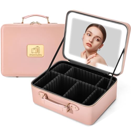 Makeup Bag with LED Mirror & Magnifier, Large Cosmetic Organizer Travel Makeup Case with Adjustable Brightness & 6 Detachable Dividers, Portable Makeup Storage for Women Girls (Pink)