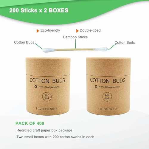 YILEAITECH Bamboo QTips 400 Count Cylinder Box – Organic Cotton Buds, Plastic-Free & Biodegradable