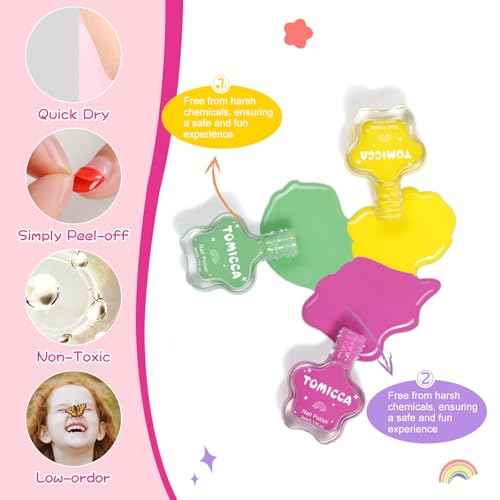 TOMICCA Kids Nail Polish - Quick Dry Non-Toxic Nail Polish Set 10 Colors, Peel Off Water Based Rainbow Nail Polish, Kids Natural Safe Nail Polish for Toddler Teen DIY Nail Art