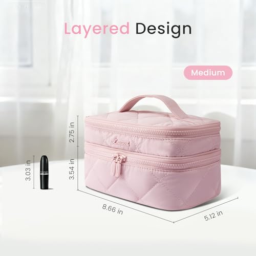 LOVEVOOK Travel Makeup Bag,Large Open Flat Tolietry Bag for Women,Waterproof Portable Cosmetic Pouch,Double Layer Quilted Makeup Bag Organizer With Handle,Travel Essentials,Gift for Her