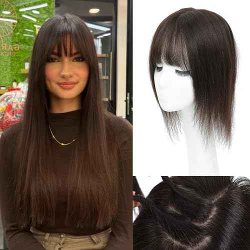 Hair Toppers for Women Real Human Hair,360¡Æ3D Big Basement Cover Topper for Women with Thinning Crown with Wispy Clip in Bangs Realistic Scalp (Dark brown, 3D Wispy Bangs 14INCH)