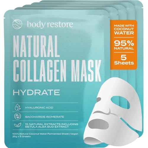 Body Restore Natural Collagen Face Mask 5 Pack ? Korean Skin Care Mask with Fermented Coconut Water, Christmas Stocking Stuffers, White Elephant, Birthday Gifts for Women & Men, Dry Skin - Hydrate