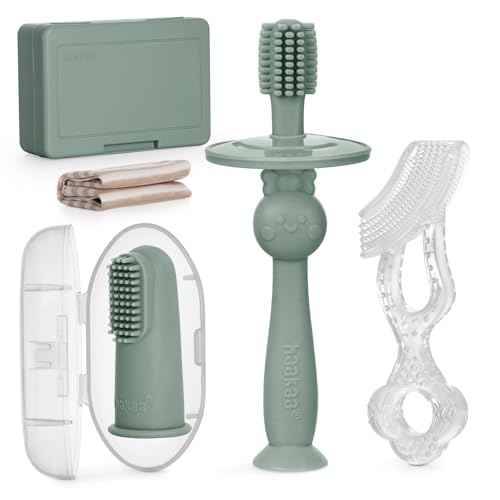 haakaa Training Toothbrush Set Oral Care Kit, Soft Silicone Toothbrush for Baby, Infants, Toddlers & Kids, Pea Green