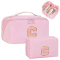 Personalized Initial Makeup Bag Set, Water-Resistant Travel Cosmetic Organizer with Brush Holder