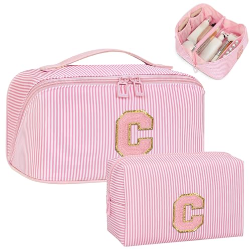 Personalized Initial Makeup Bag Set, Water-Resistant Travel Cosmetic Organizer with Brush Holder