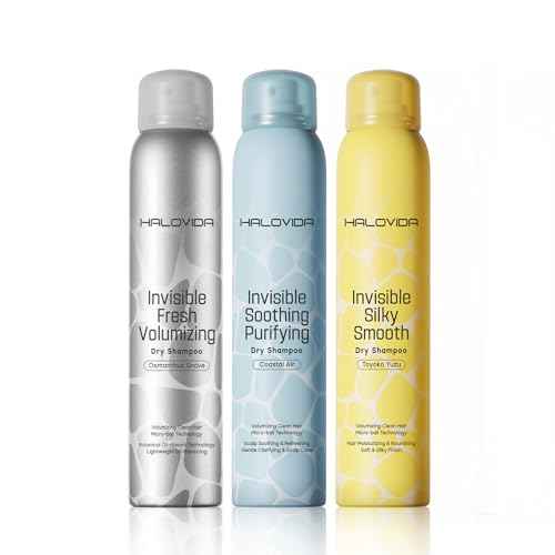 HALOVIDA Dry Shampoo Pack of 3, Dry Scalp Shampoo Spray for Dark Hair Leaves No White Residue, Absorb Oils, Volumizing & Refresh Hair for 72 Hours, 5.07 Fl Oz (Osmanthus Grove+Toyoko Yuzu+Coastal Air)