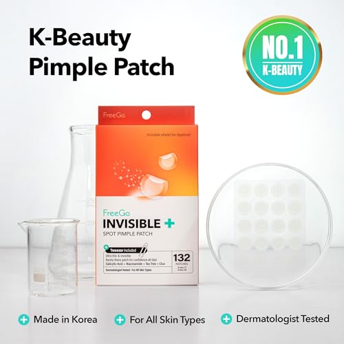 FreeGo Invisible+ Hydrocolloid Spot Pimple Patches for Face, Large Patches for Breakouts, Zit, Blemish Spot, Facial Stickers, Korean Pimple Patches (132 Counts)