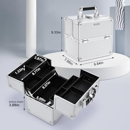 FRENESSA Portable Makeup Train Case - Lockable 4-Tray Aluminum Cosmetic Box