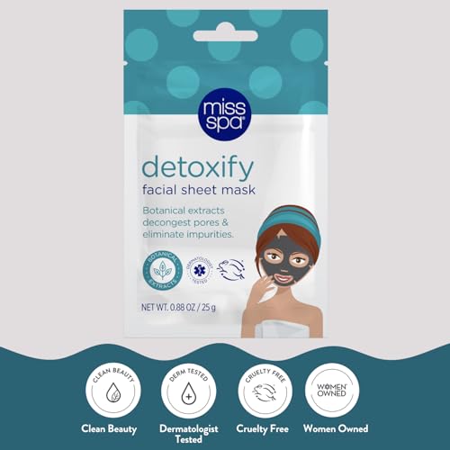 MISS SPA Detoxify Facial Sheet Mask Botanical Extracts to Decongest Pores Remove Impurities, Detox Facial Sheet Mask Skin Care, Dermatologist Tested, Cruelty-Free 4 Pack