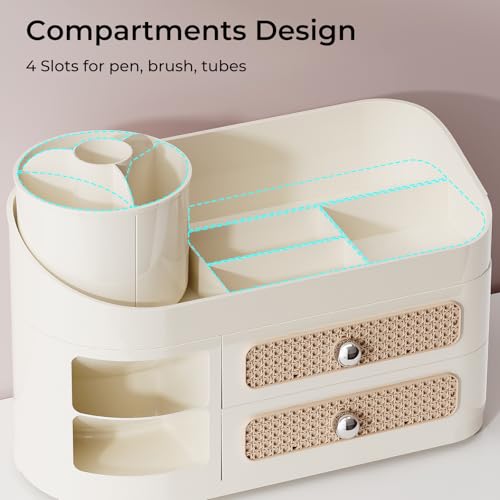 Makeup Organizer with Rotating Brush Holder & 2 Drawers